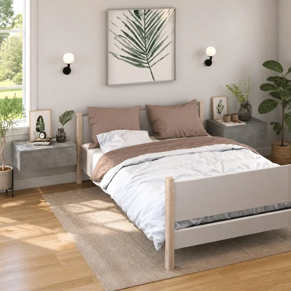Wall-mounted Bedside Cabinets Floating Storage Grey Engineered Wood 2 Piece