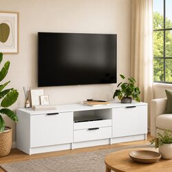 TV Cabinet White Modern Living Room Storage Unit 3 Compartments Engineered Wood
