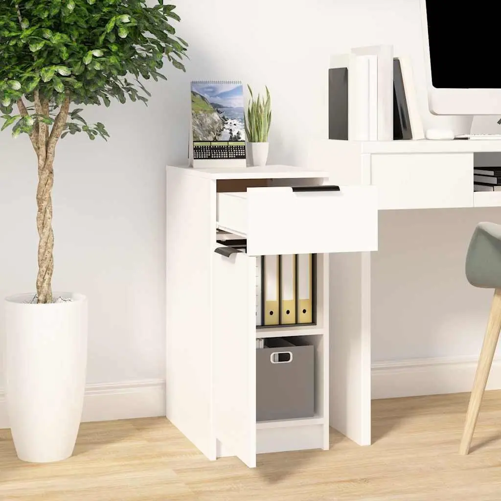 Desk Cabinet White Storage Unit with Drawer Compartments Engineered Wood Home Office Furniture