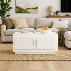 Coffee Table White High Gloss Storage 2 Door Accent Living Room Furniture