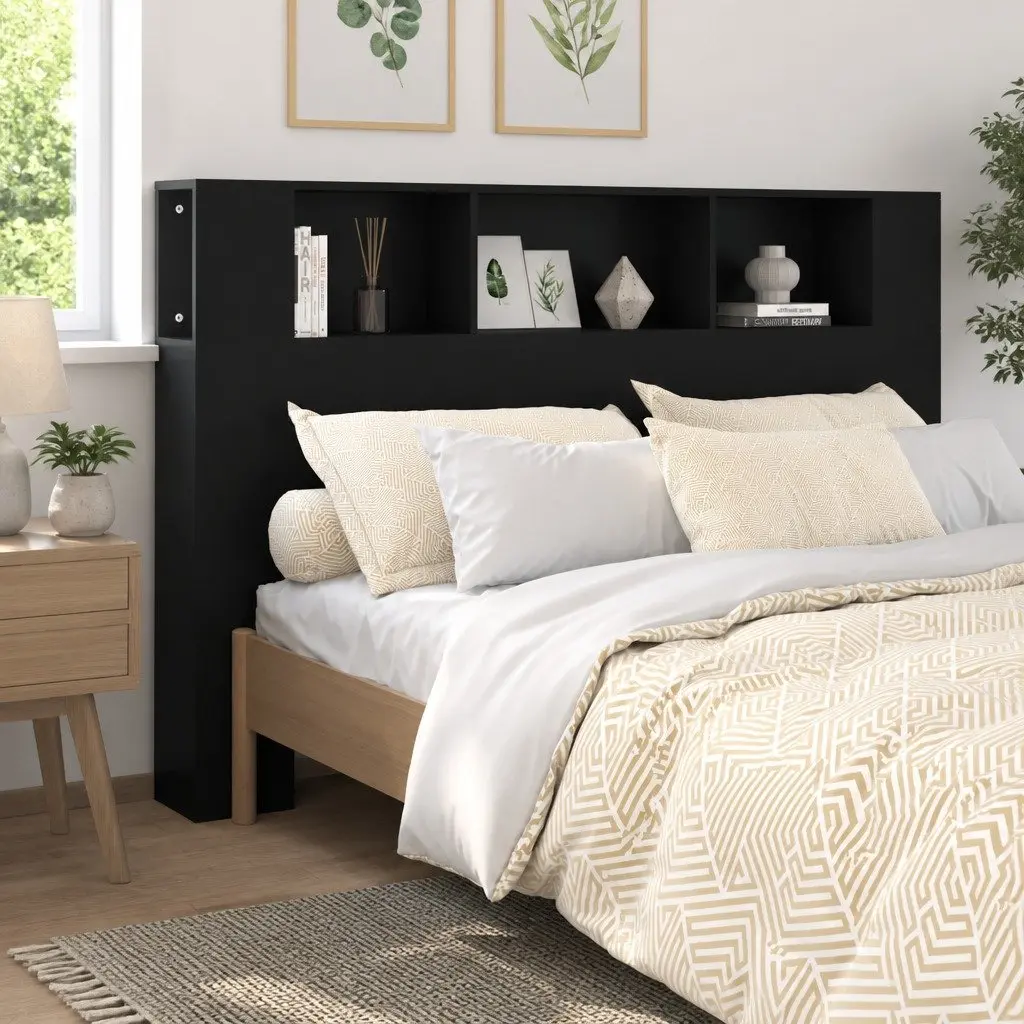 Headboard Cabinet Wall-Mounted 160cm Black Engineered Wood Bedroom Storage Bookcase