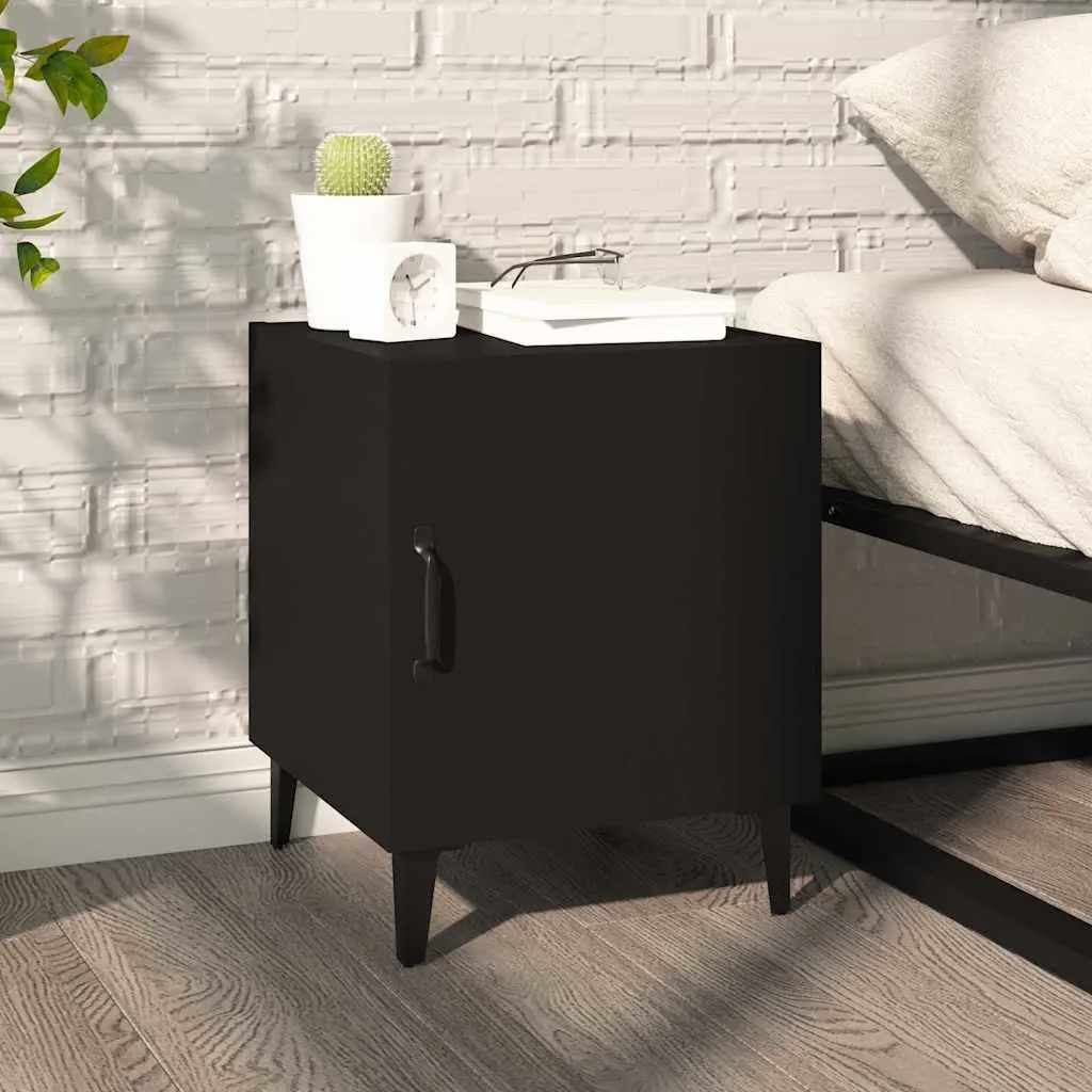 Bedside Cabinet 2 Piece Black Engineered Wood Nightstand Storage Door Organiser