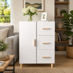 Sideboard White High Gloss Storage Cabinet 3 Drawers Engineered Wood Furniture