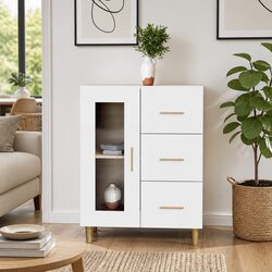White High Gloss Sideboard Storage Cabinet with Glass Door Drawers Engineered