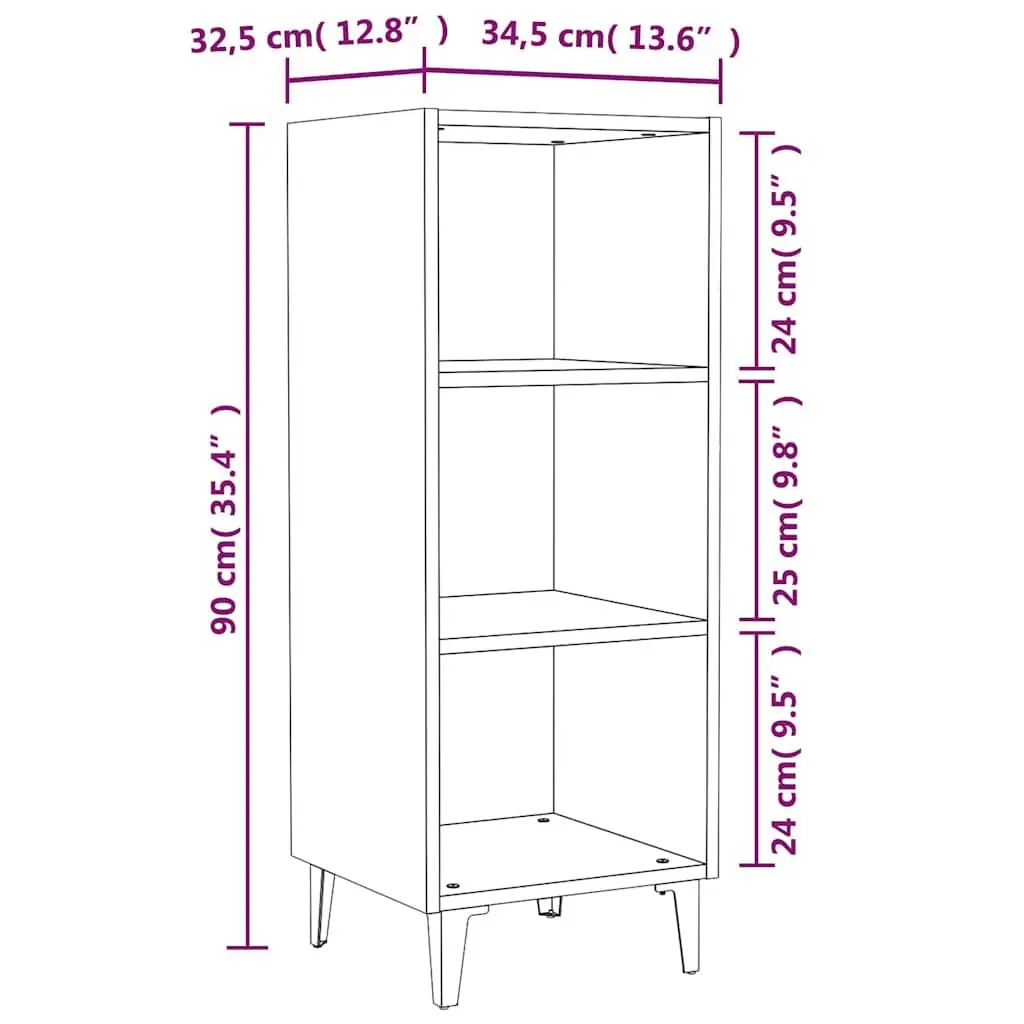 Sideboard Cabinet High Gloss White Engineered Wood 34.5x32.5x90cm 3 Compartments Metal Legs