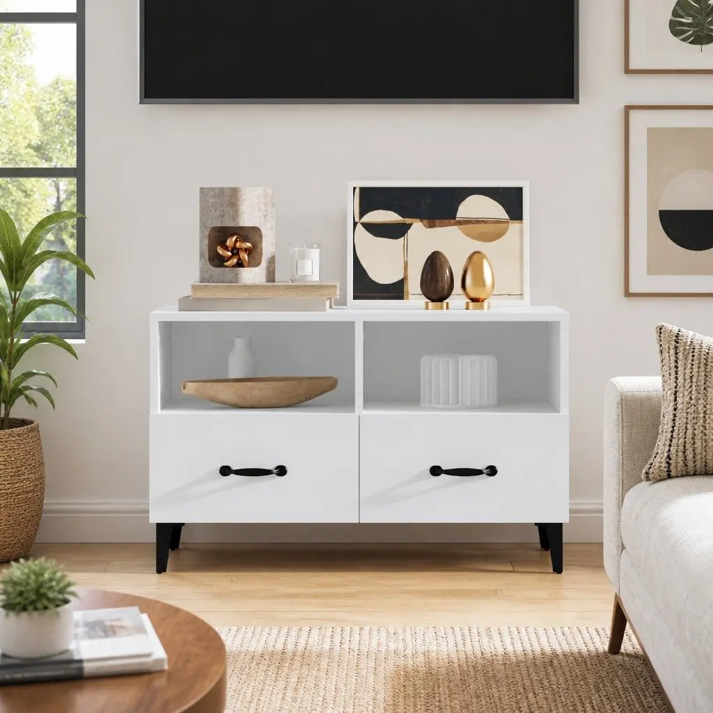 TV Cabinet Engineered Wood Storage Drawers White 80 x 36 x 50 cm