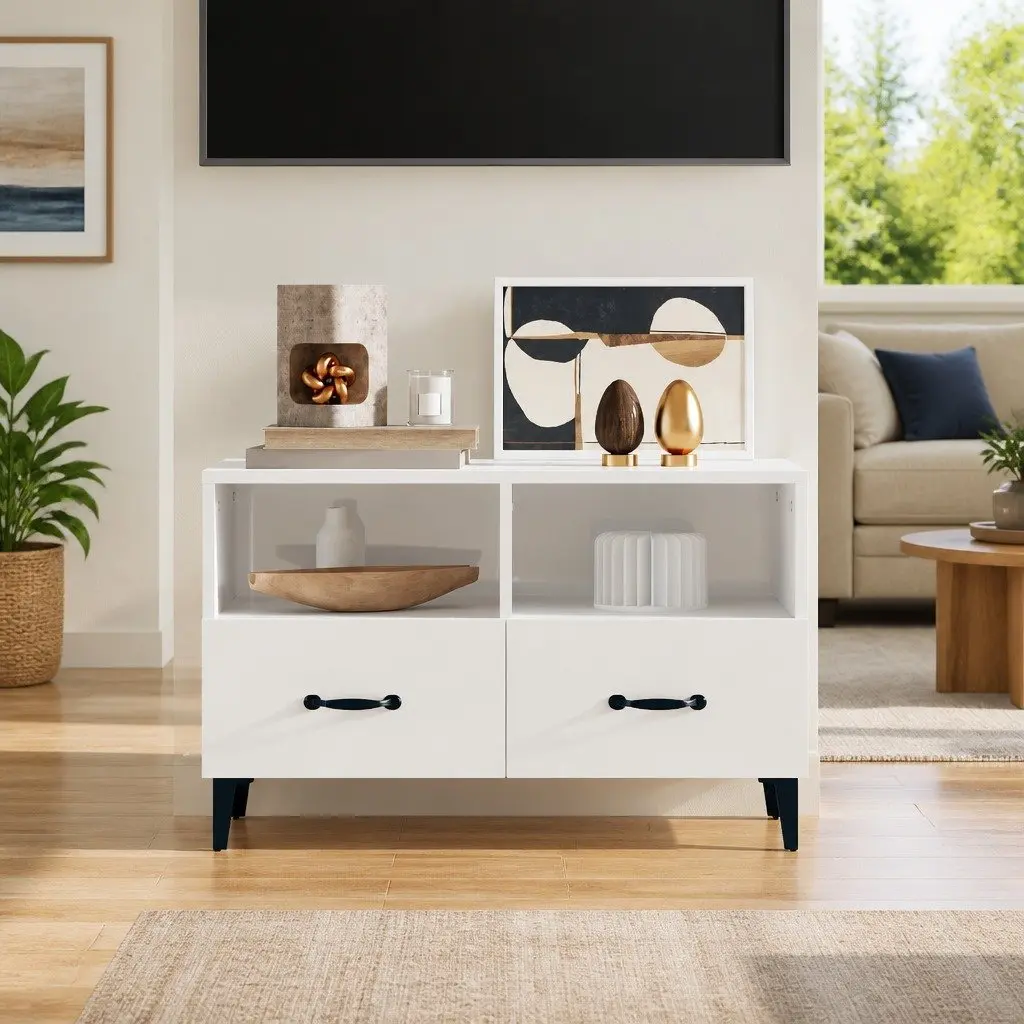 TV Cabinet High Gloss White Media Unit Engineered Wood Storage Drawers 80 x 36 x 50 cm