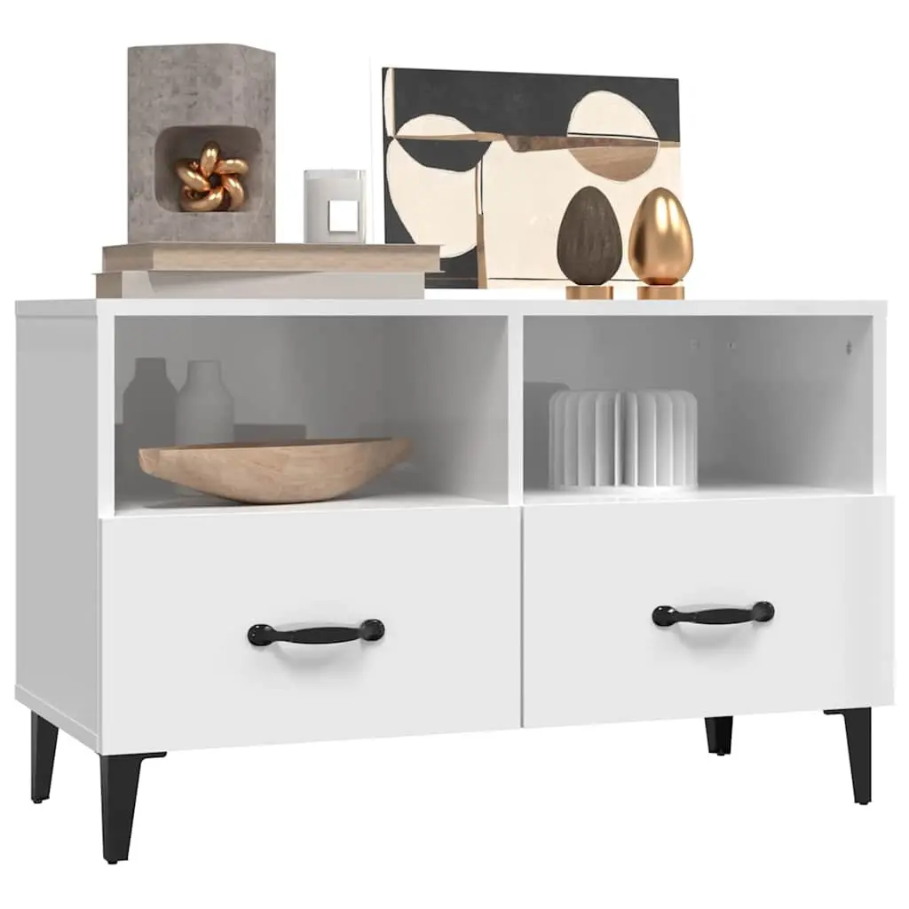 TV Cabinet High Gloss White Media Unit Engineered Wood Storage Drawers 80 x 36 x 50 cm