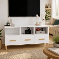 TV Cabinet White 102x36x50 cm Modern Media Unit Storage Drawers Compartments