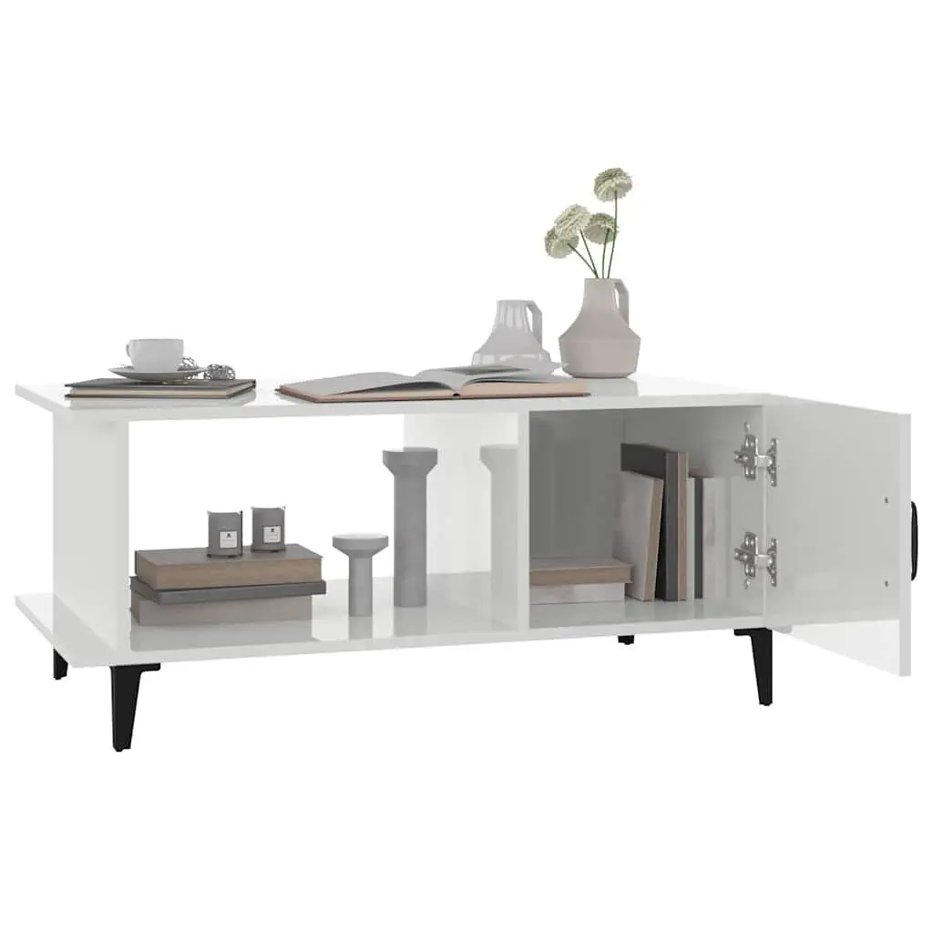 Coffee Table High Gloss White with Storage Compartment and Shelf Metal Legs