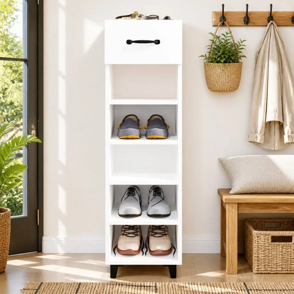 Shoe Cabinet High Gloss White Storage Organiser Shelves Drawer 30W x 35D x 105H cm