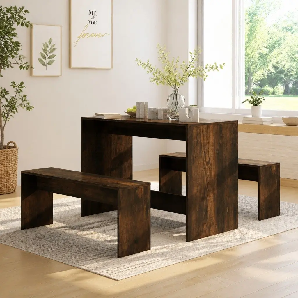 3 Piece Dining Set with Benches Modern Kitchen Table Chair Furniture Brown