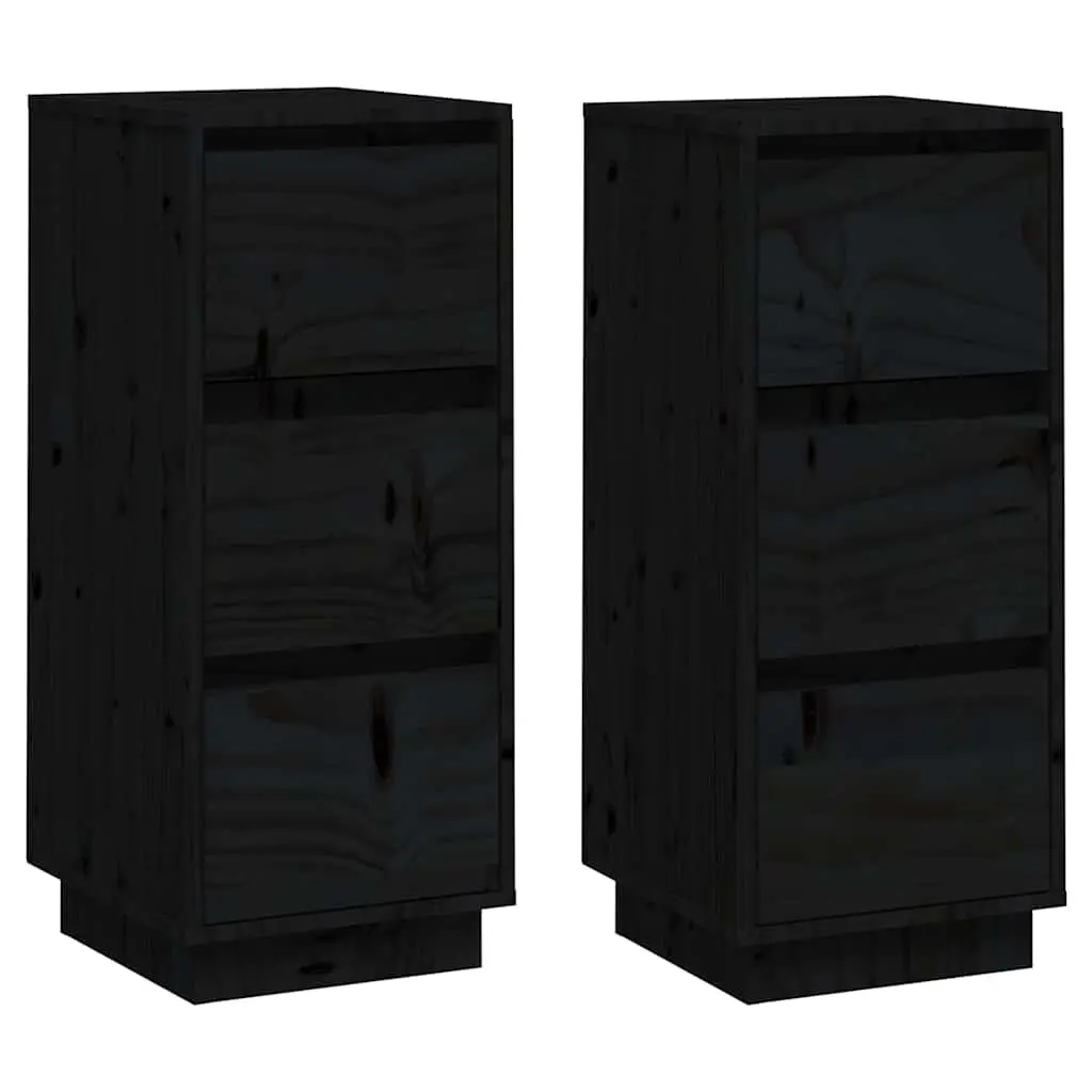 Solid Wood Sideboards 2 Piece Black Storage Cabinet Pinewood Living Room Furniture