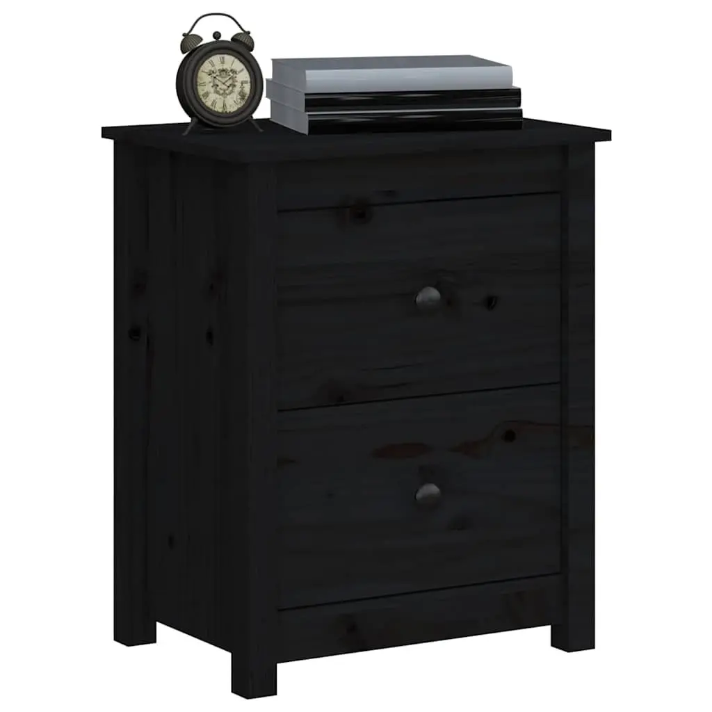 Bedside Cabinet Solid Pine Wood Black 2 Piece Nightstand with Drawer Storage
