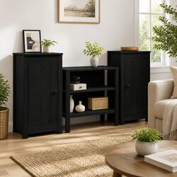Sideboards 2 pcs Black Solid Wood Storage Cabinet Living Room Furniture