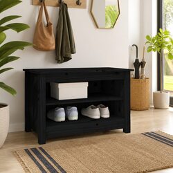 Shoe Bench Black Storage Cabinet 2 Shelves Solid Wood Pine Entryway Organiser