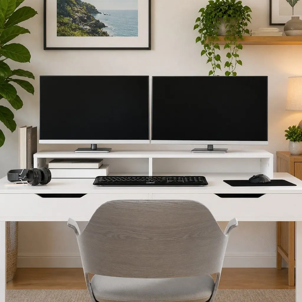 Monitor Stand White Solid Pine Wood Computer Riser Desk Organizer Storage 100cm