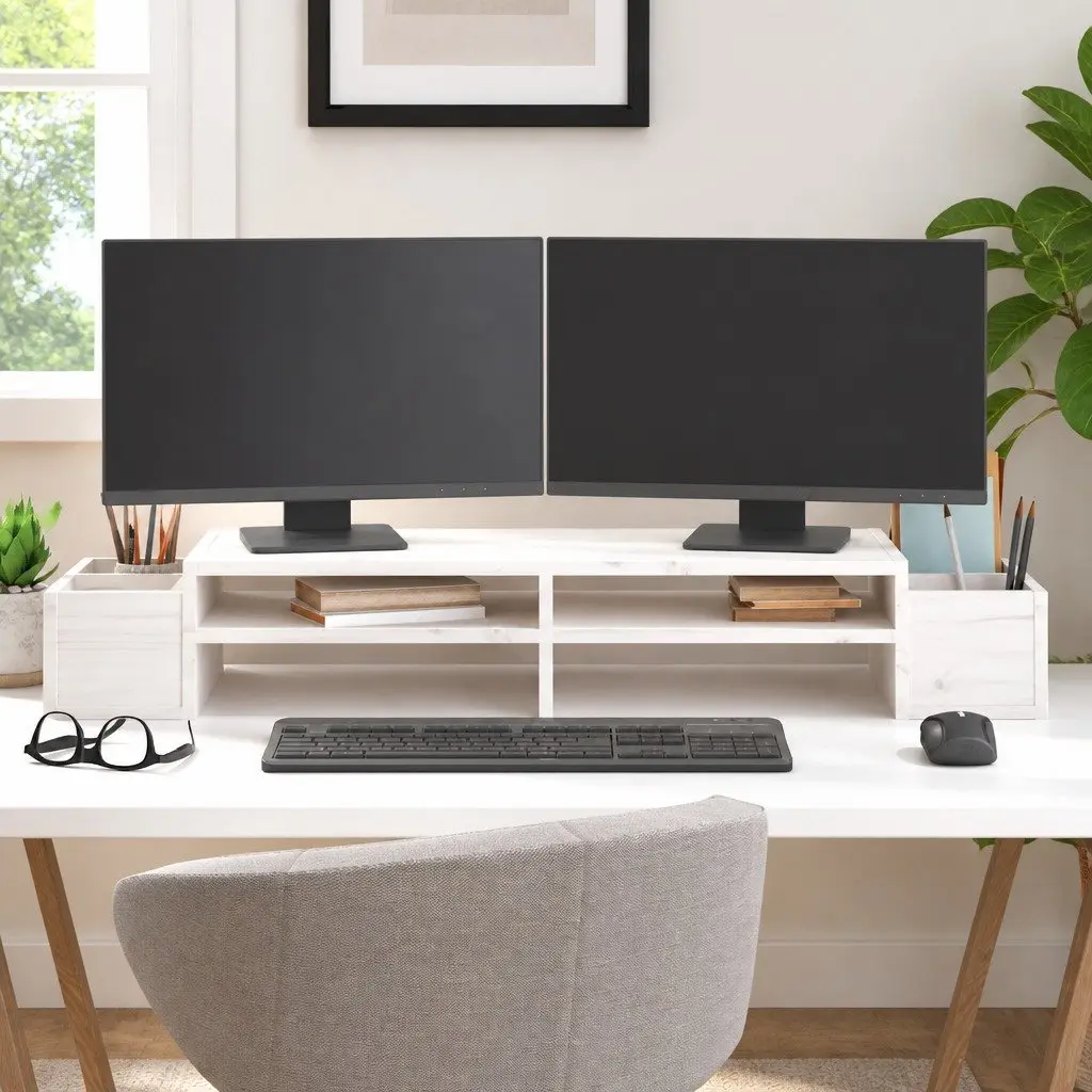 Monitor Stand White 100x27.5x15 cm Solid Pine Wood Computer Riser with Storage