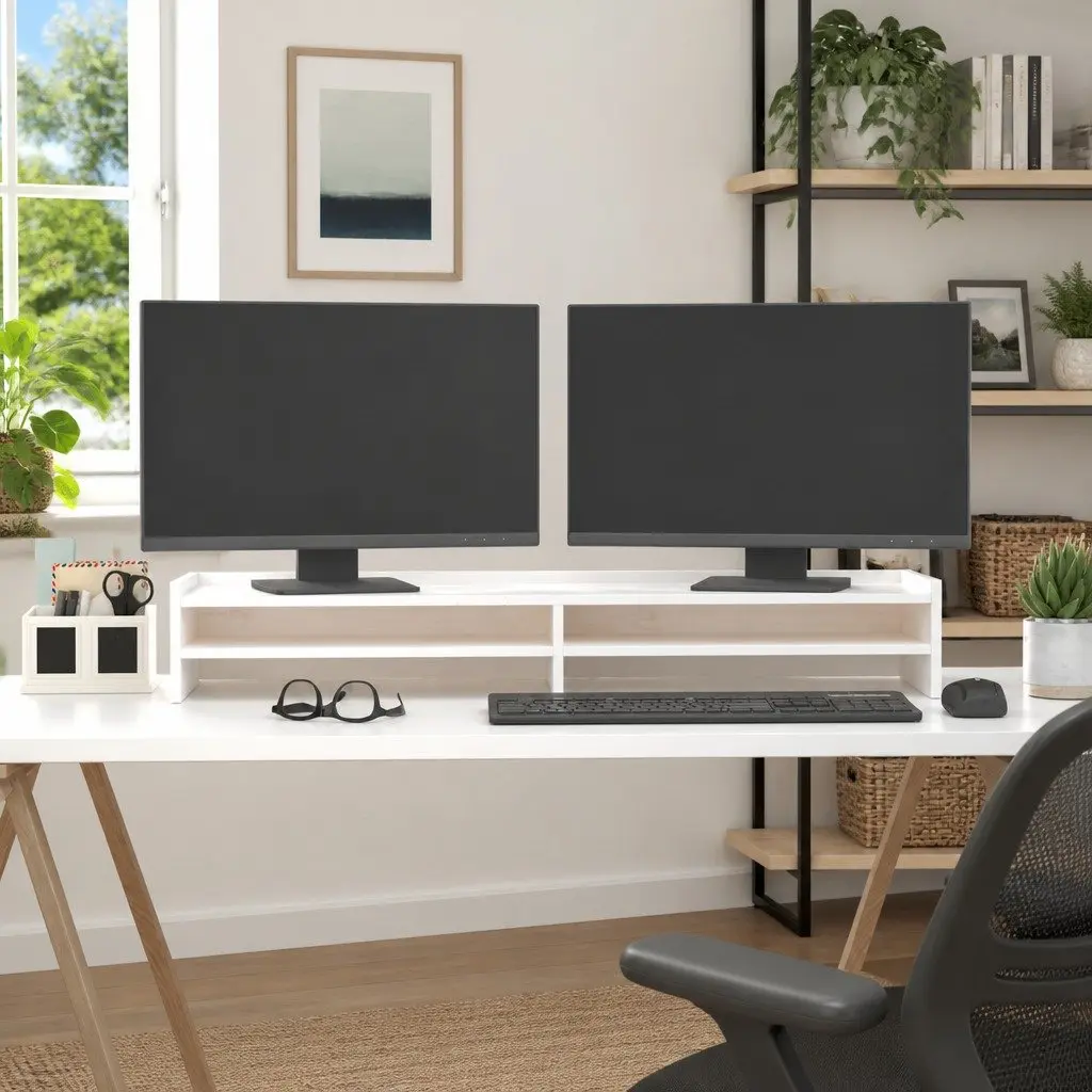 Monitor Stand Solid Pine Wood White 100x24x16cm Desktop Riser for Computer Keyboard