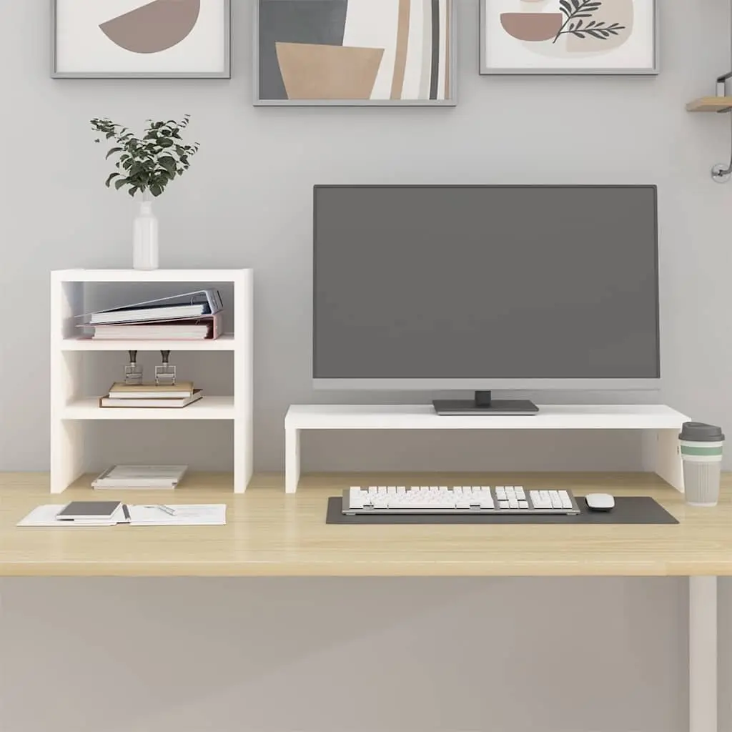 Monitor Stand White Solid Wood Pine Computer Riser Desk Organizer Storage Shelf