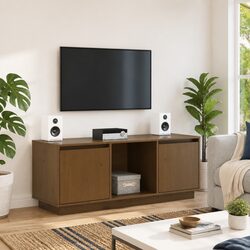TV Cabinet Honey Brown Solid Pine Wood Media Storage Unit Living Room Furniture