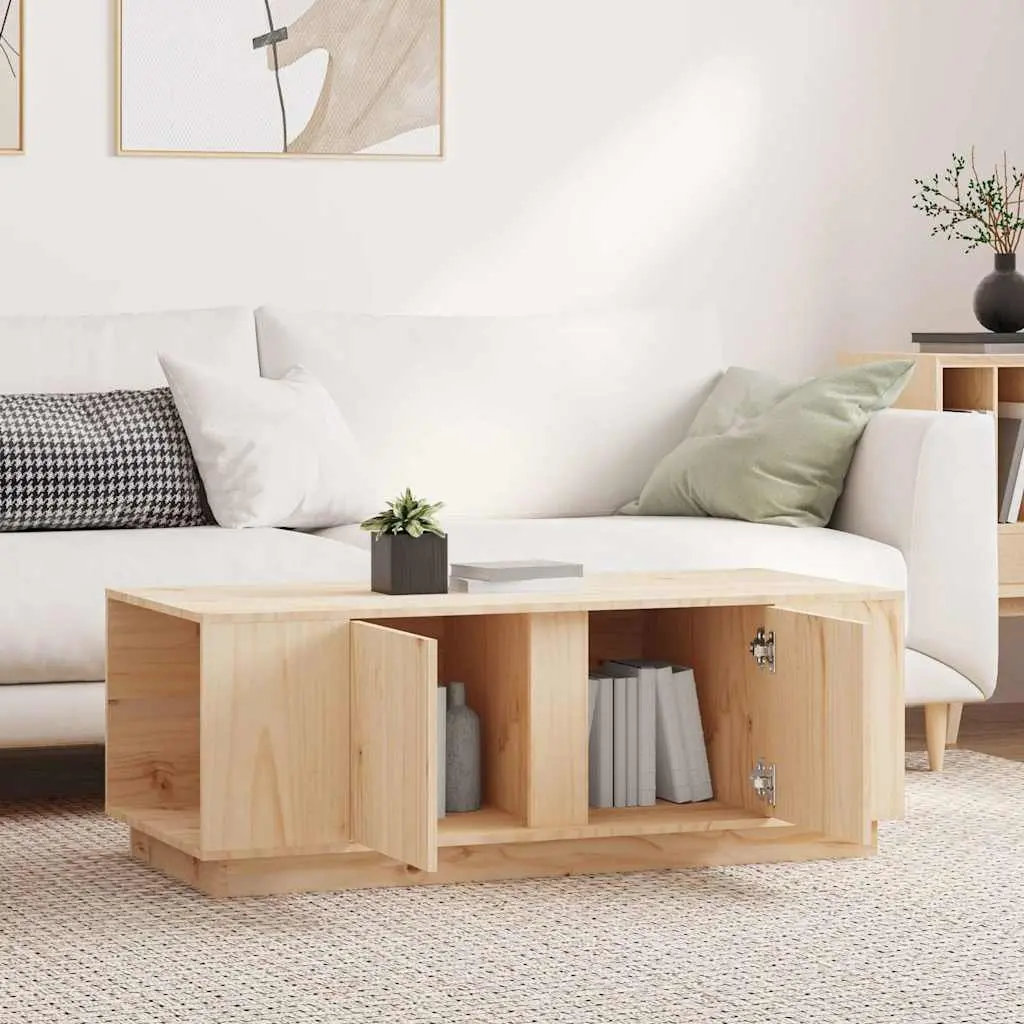 Coffee Table Solid Pine Wood Brown Storage Compartments and Doors