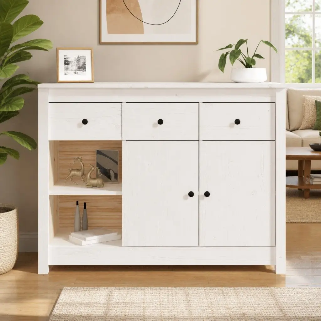 Wooden Sideboard White Storage Cabinet 3 Drawers 6 Compartments Solid Pine Wood