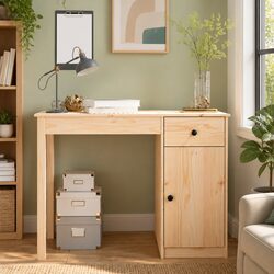 Solid Wood Pine Desk 100x50x75cm Office Study Writing Table Drawer Cabinet Brown