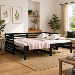 Pull-out Day Bed Wooden Frame Slatted Base Guest Sofa Bed Black 2x90x190cm