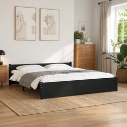 King Bed Frame 183x203cm Black Solid Wood Wooden Bedroom Furniture Headboard