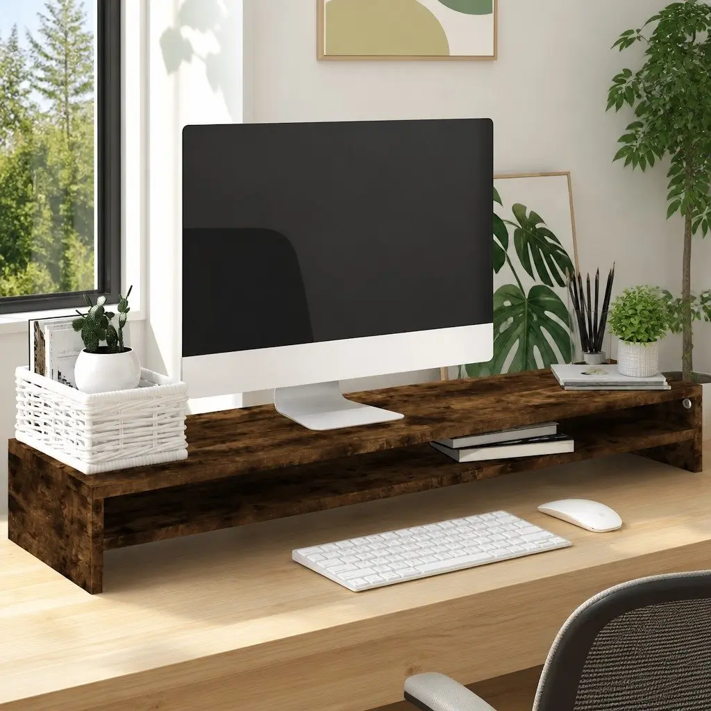 Monitor Stand Dual Screen Riser Desk Organiser Brown Engineered Wood TV Riser