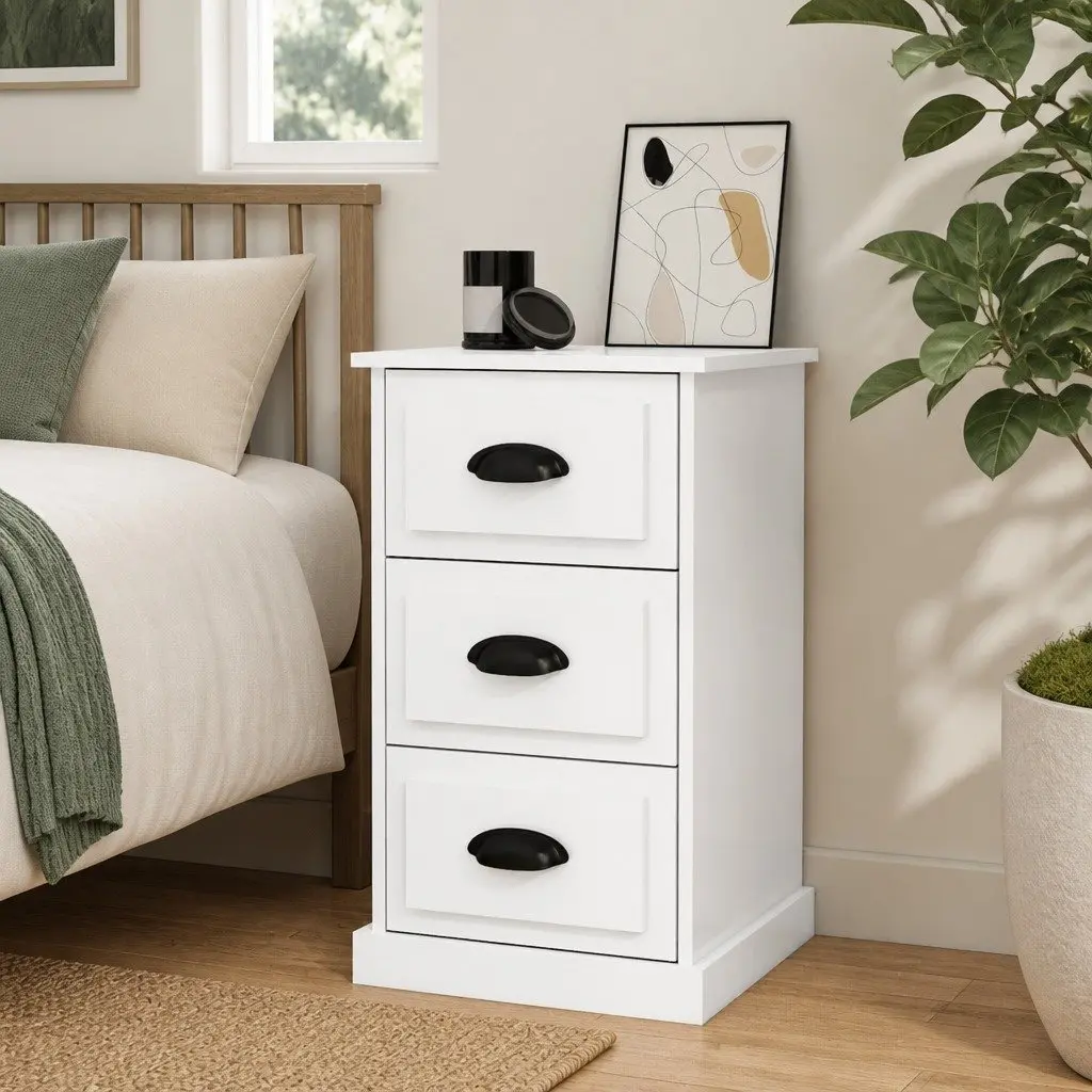 Bedside Cabinet High Gloss White 3 Drawer Nightstand Storage Table Engineered Wood