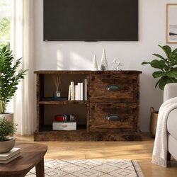 TV Cabinet Brown Smoked Oak Storage Unit Drawers Open Compartments Living Room