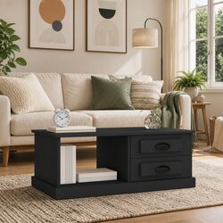 Coffee Table Black with Storage Drawers Compartment Accent Living Room Furniture