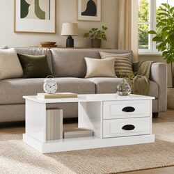 Coffee Table High Gloss White with Storage Drawers Compartment Engineered Wood
