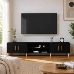 TV Cabinet Black 180cm Media Unit with 4 Compartments 4 Doors Storage Furniture