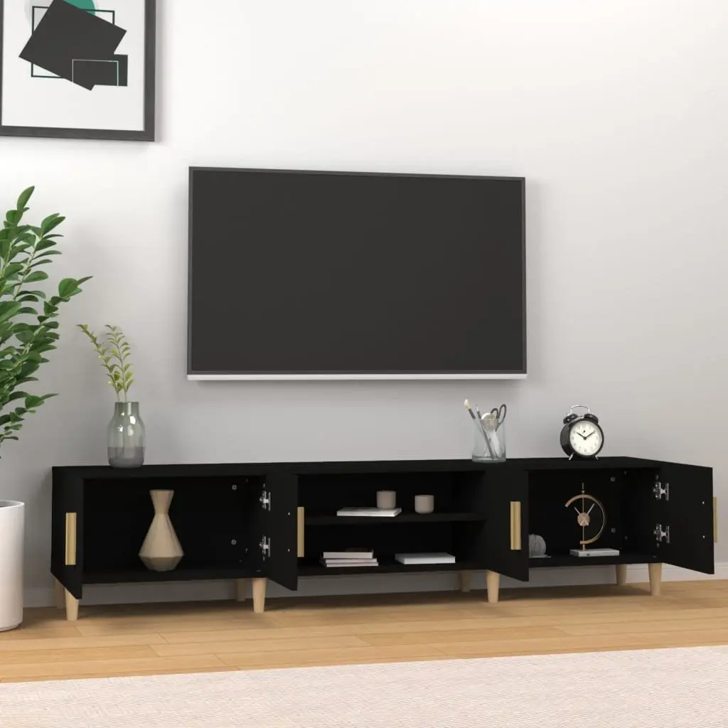 TV Cabinet Black 180cm Media Unit Engineered Wood 4 Compartments 4 Doors Storage Furniture
