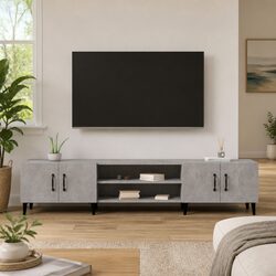 TV Cabinet Grey Storage Unit Engineered Wood 4 Door 4 Compartment Display Stand