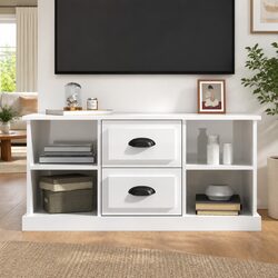 TV Cabinet High Gloss White Storage Unit with Drawers and Open Shelves