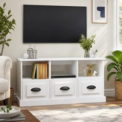 TV Cabinet White 100x35x50cm High Gloss Engineered Wood Storage Unit Drawers