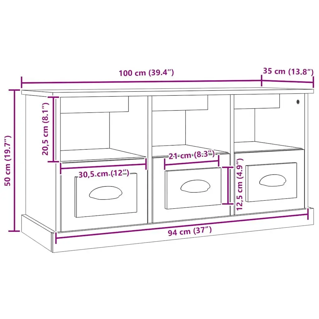 TV Cabinet High Gloss White 100x35x50cm Engineered Wood Storage Unit with Drawers