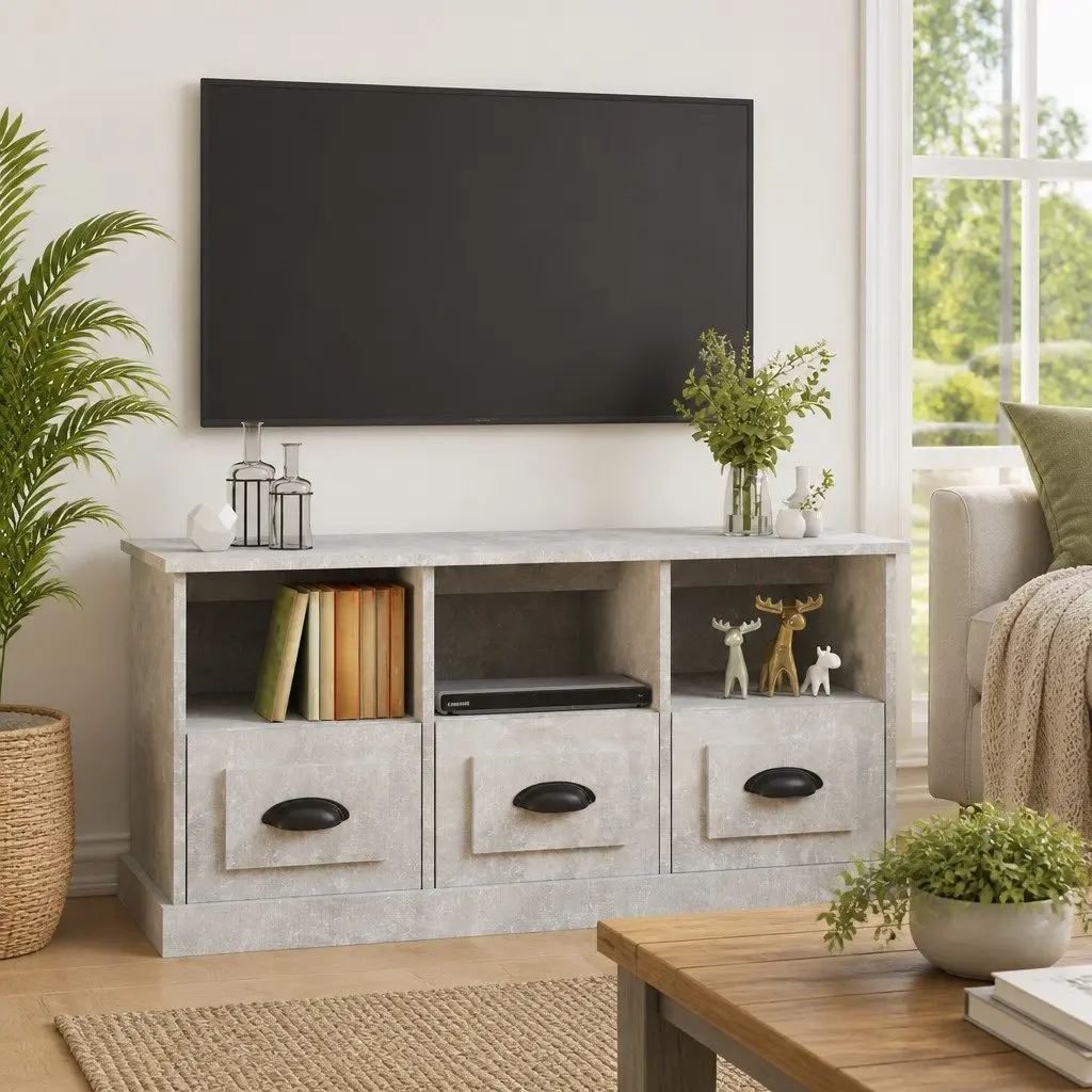 TV Cabinet Engineered Wood Storage Unit Grey 100x35x50cm 3 Drawers Open Shelves