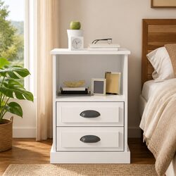 Bedside Cabinet White High Gloss 2 Drawers Open Shelf Bedroom Nightstand Storage