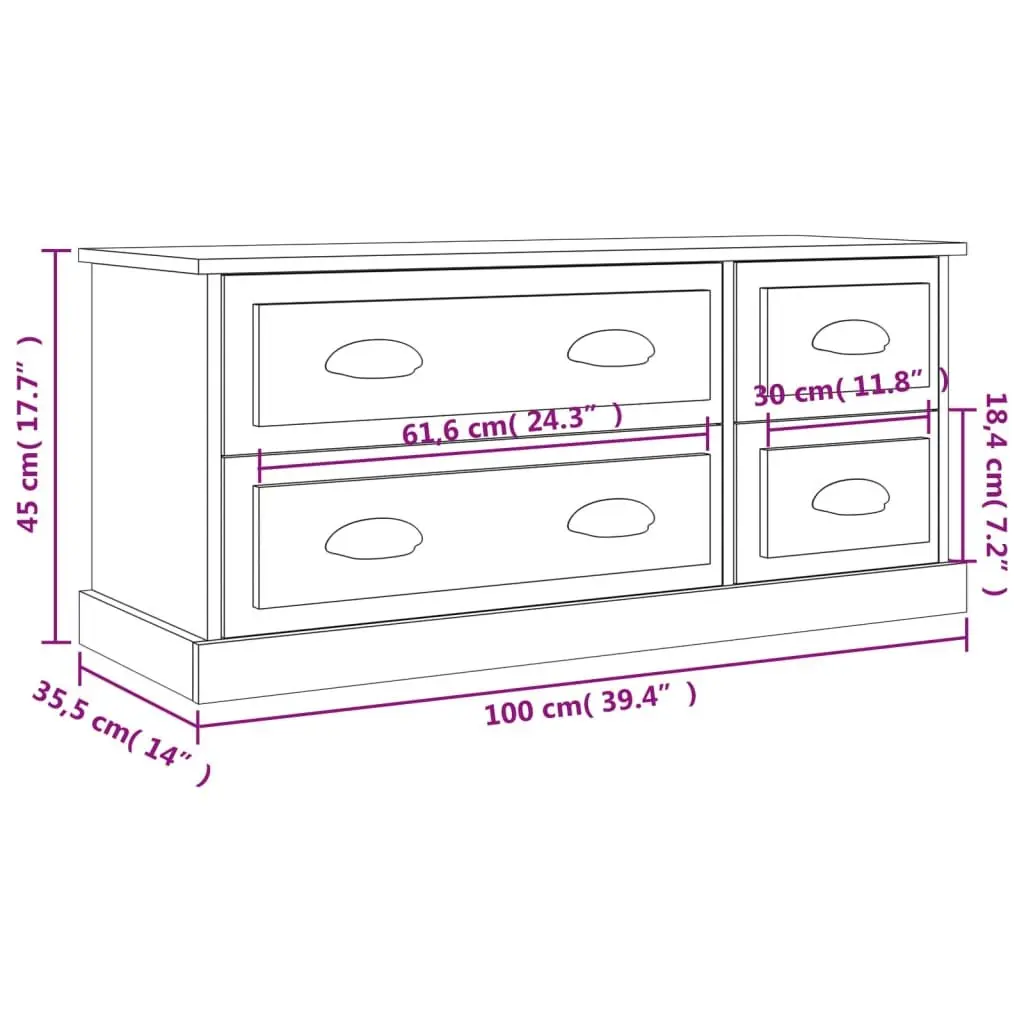 TV Cabinet White Engineered Wood 100x35.5x45cm Media Storage Unit with 4 Drawers