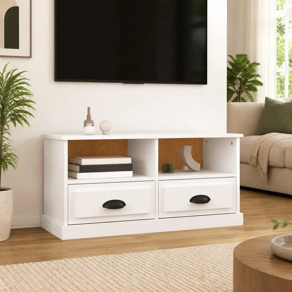 TV Cabinet White Engineered Wood Storage Unit with Drawers and Open Compartments 93 x 35.5 x 45 cm