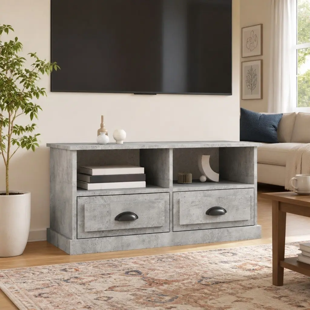 TV Cabinet Grey Engineered Wood Storage Unit with Drawers and Open Compartments