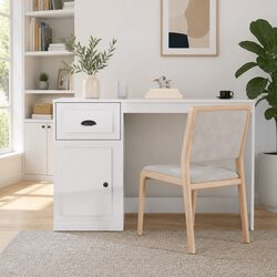 White High Gloss Desk with Drawer Engineered Wood Office Study Table Storage