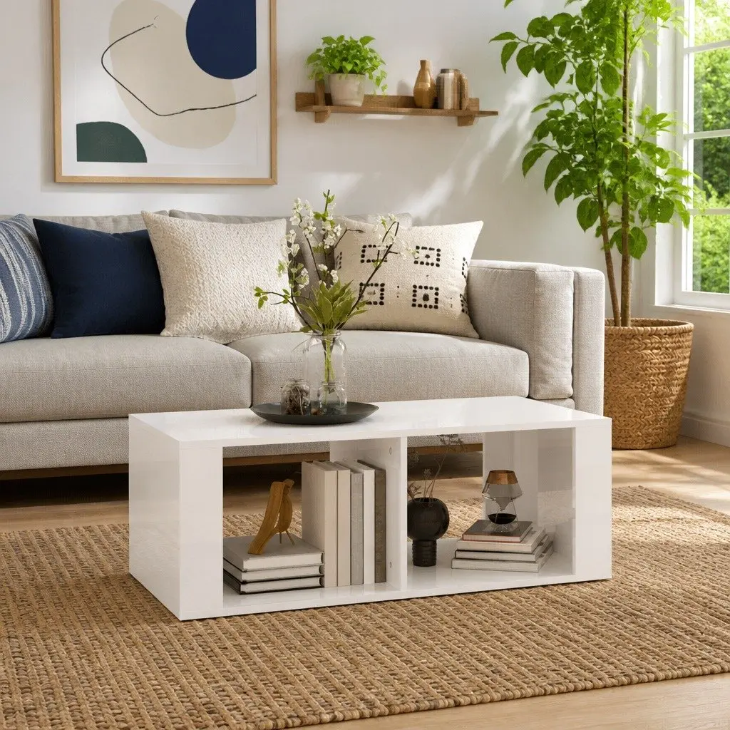 Coffee Table High Gloss White Engineered Wood with 2 Storage Shelves
