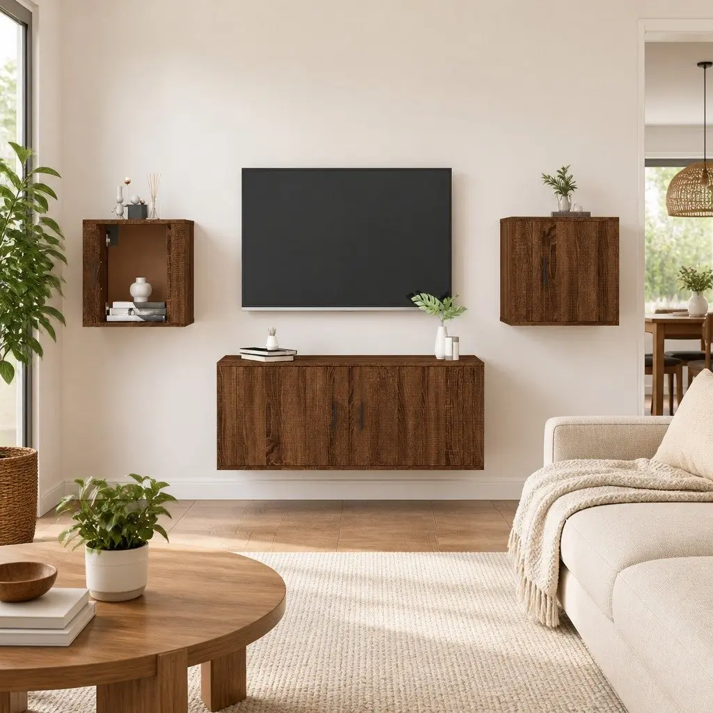 Wall Mounted TV Cabinet 2 pcs Brown Oak Storage Media Unit Organiser Display