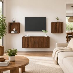 Wall Mounted TV Cabinet 2 pcs Brown Oak Storage Media Unit Organiser Display